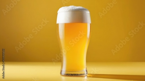 Glass of yellow beer on yellow background. Cope space. Place for text.