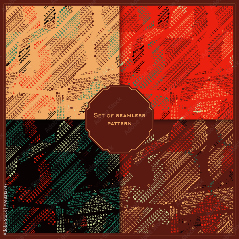 Set of seamless patterns with colored letters of the Latin alphabet.