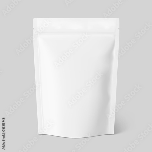Realistic stand up pouch bag mockup with transparent shadow. Front view. Vector illustration isolated on grey background. Ready for your design. EPS10.