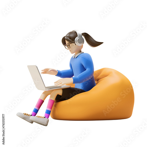 girl working from home 3d illustration