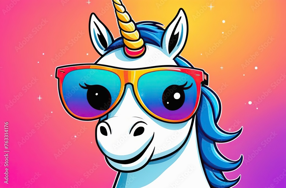 Fototapeta premium Funny unicorn wearing sunglasses in studio with a colorful and bright background