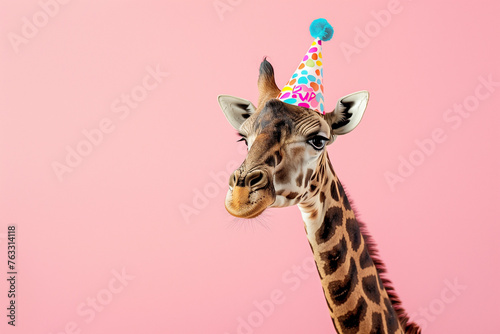 Close-up of a giraffe wearing a party hat, ideal for birthday themes.