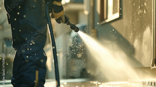 Close-up action shot of a worker using a pressure washer against a dirty facade
