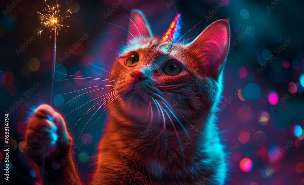 A cat wearing a party hat holds a sparkler in its hand