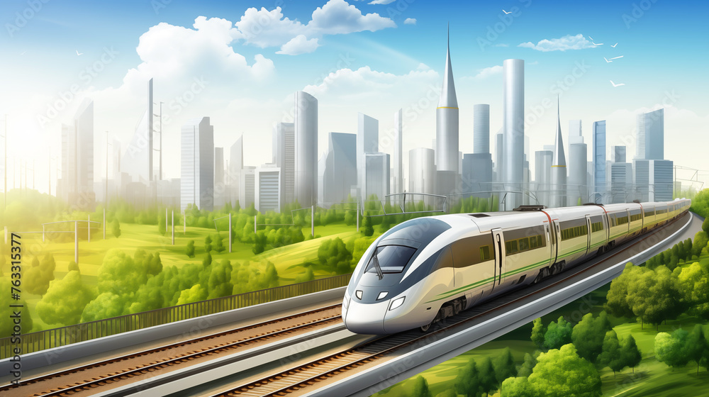 Fototapeta premium Train moving swiftly through the city, carrying passengers on its tracks and platforms, amidst the bustling transportation network, showcasing the vibrancy of urban travel 