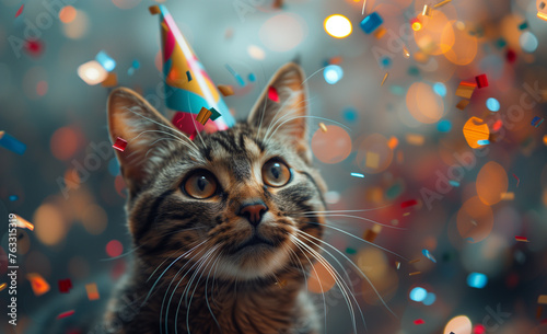 Cat wearing a party hat surrounded by confetti © alenagurenchuk