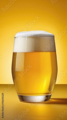 Glass of yellow beer on yellow background. Vertical banner.