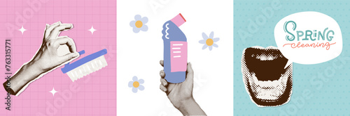 Spring cleaning halftone collage square banners set. Hands and mouth torn out paper stickers flat vector illustration. Hands holding a cleaning equipment. Funny lettering text.