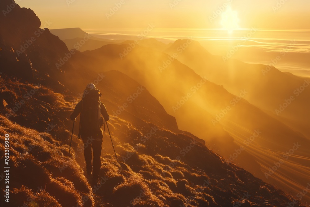 Lone Hiker Trekking at Sunset in Majestic Mountain Landscape