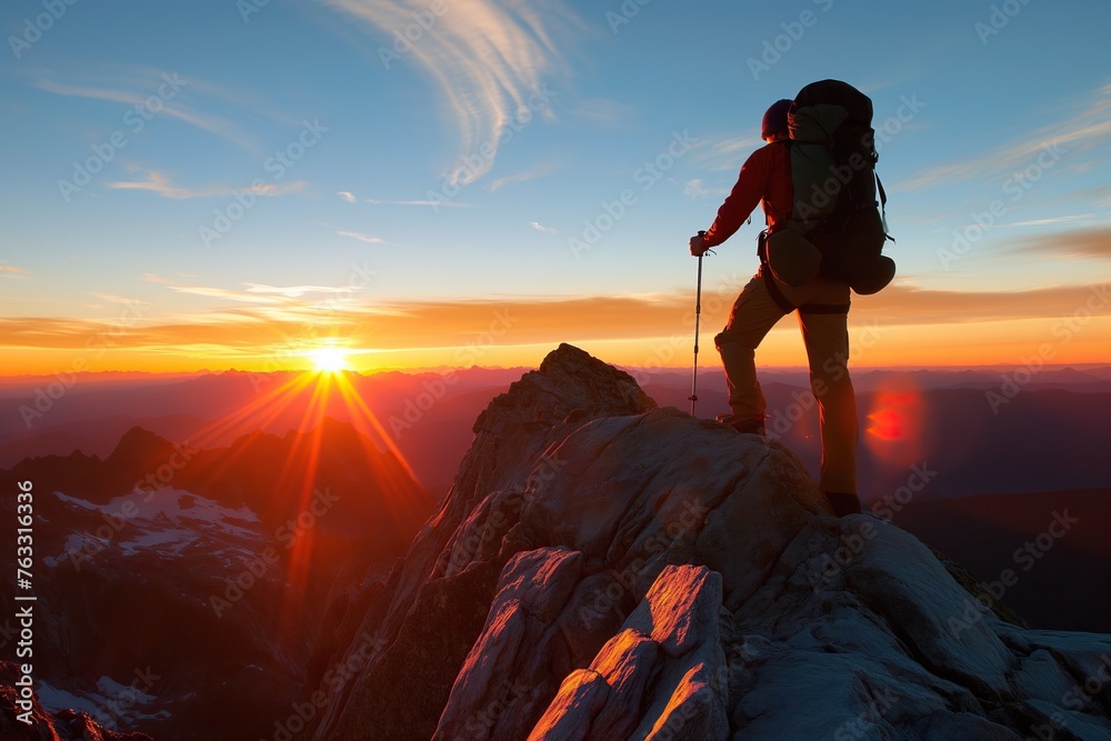 Mountaineer Witnessing First Light of Day on Snowy Summit - obrazy, fototapety, plakaty 