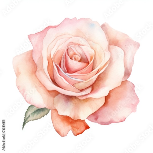 Pink rose flower watercolor illustration. Floral blooming blossom painting on white background