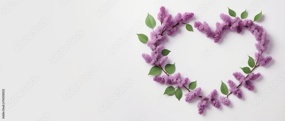 lilac flowers arranged as heart floral wreath isolated on white background with copy space center and left. Spring greeting banner, summer season, wedding invitation. Beauty salon flyer.