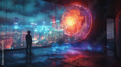 A solitary figure contemplates a holographic interface, overlooking a sprawling neon-lit cityscape in a visionary future..