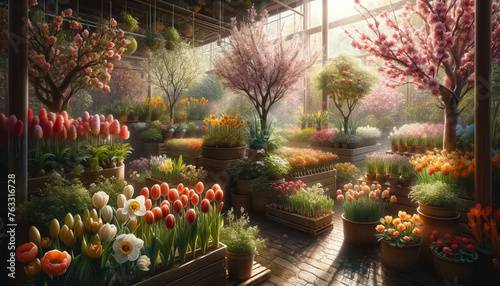 Verdant Splendor: A Lush Greenhouse Garden Bursting with Colorful Flora
