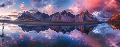 panoramic photography of Vestrahorn mountain in Iceland, reflecting on the water at sunset, with beautiful clouds and sky