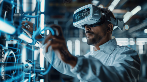Scientist using virtual reality goggles to interact with and analyze mechanical structures in a high-tech laboratory.