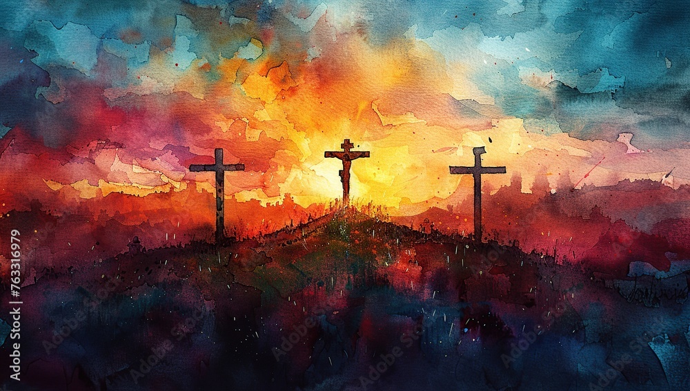 wooden cross of jesus on mountain top with sunset