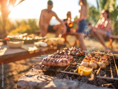 Group of friends outdoors. Barbecue grill with food. Space for text