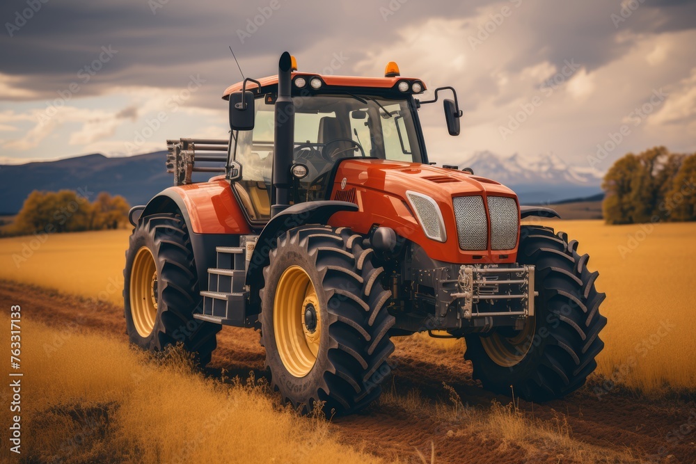 Obraz premium Technology in argiculture concept - modern tractor in the field with neural network