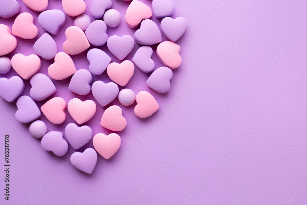 Colorful heart shaped candy on a pastel purple background. Valentine's Day concept