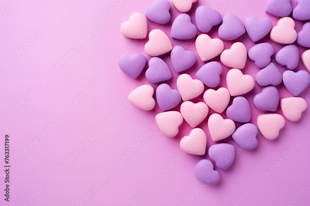 Colorful heart shaped candy on a pastel purple background. Valentine's Day concept