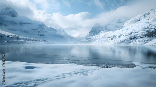 A magical winter scene with snow-capped mountains in the background and a frozen lake reflecting the snowy surroundings