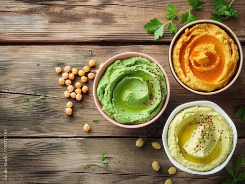 Chickpea hummus, avocado hummus and lentils hummus on wooden table