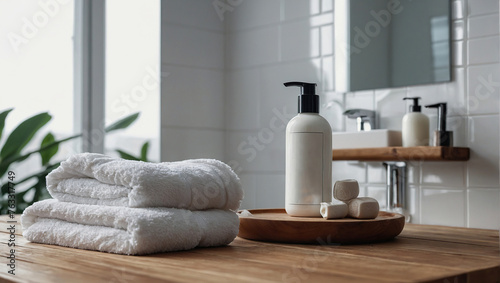 A set of facial cream, towels and a presentation space on a wooden desk in a modern white bathroom © SR Production