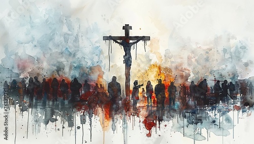 crucifixion of jesus in watercolor illustration photo