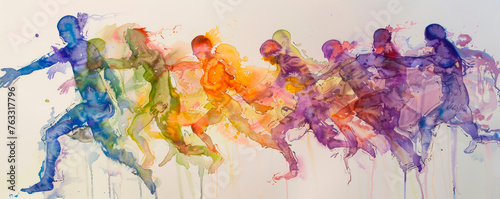 An artwork depicting a diverse group of people engaged in a dynamic and energetic activity of running. The individuals are shown in motion, each showcasing varied. Banner. Copy space photo