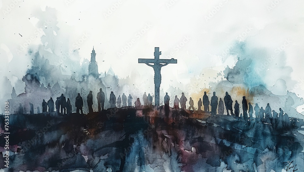 crucifixion of jesus in watercolor illustration - obrazy, fototapety, plakaty 