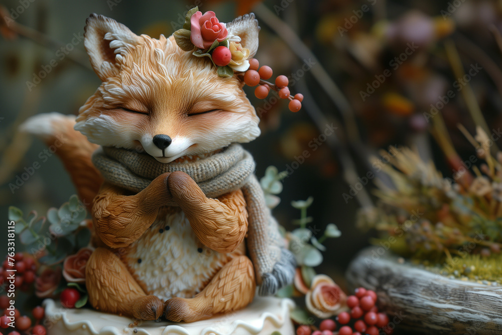 A figurine of a fox adorned with flowers on its head