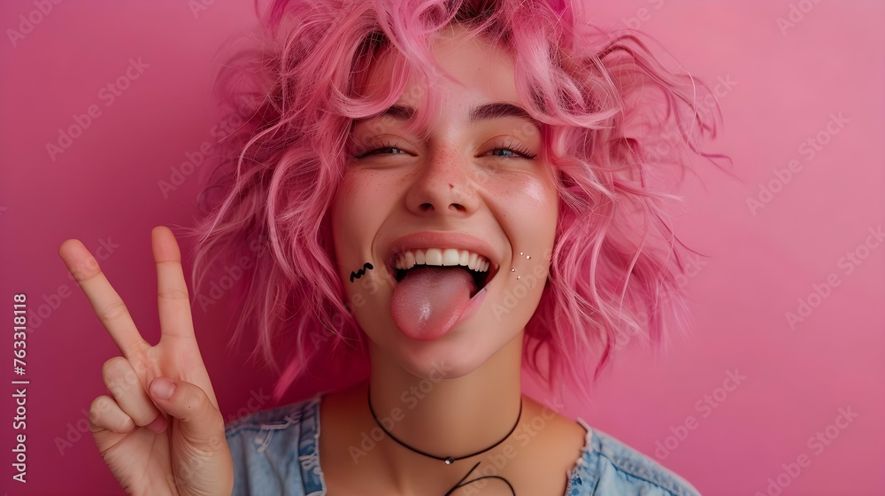 A young woman with pink hair sticking out her tongue making peace gestures and laughing. Concept Playful Poses, Colorful Props, Joyful Portraits - obrazy, fototapety, plakaty 