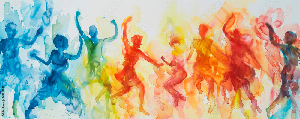 This painting depicts a lively scene where a group of people are dancing together. The figures are shown in various poses and movements, expressing joy and rhythm. Banner. Copy space - obrazy, fototapety, plakaty 