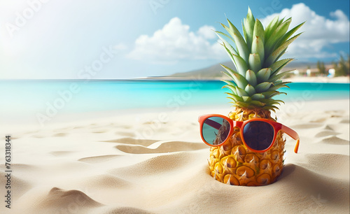 pineapple wearing sunglasses In the sand beach