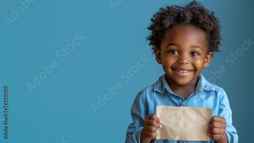 A cheerful young child with curly hair smiles holding a plain card against a plain blue background
