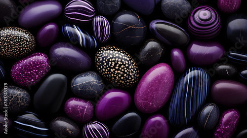 Top view, banner, where purple and black pebbles of different shapes and textures are harmoniously combined, creating a beautiful marine pattern that fascinates with its naturalness and aesthetics. photo