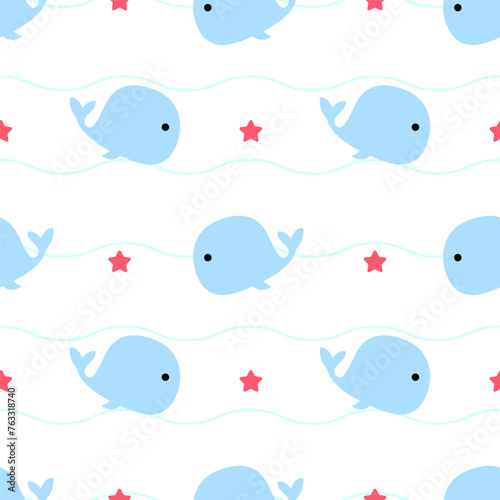 seamless pattern of blue whales with starfish in the ocean