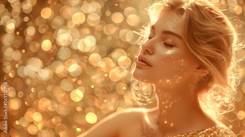 Elegant Blonde Woman in Gold Dress with Eyes Closed Against Glittery Background. Concept Fashion Photography, Elegant Poses, Glittery Backdrops, Blonde Models, Gold Dresses