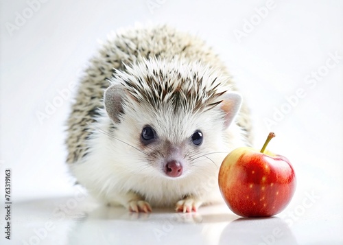 Cute little hedgehog with apple isolated on white background. Studio shot.