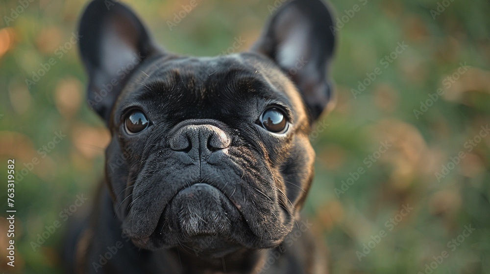 Black frenchie bulldog, alert and playful, urban dog park