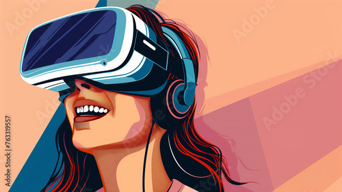 Woman wearing virtual reality glasses enjoying exploring virtual reality and cyberspace