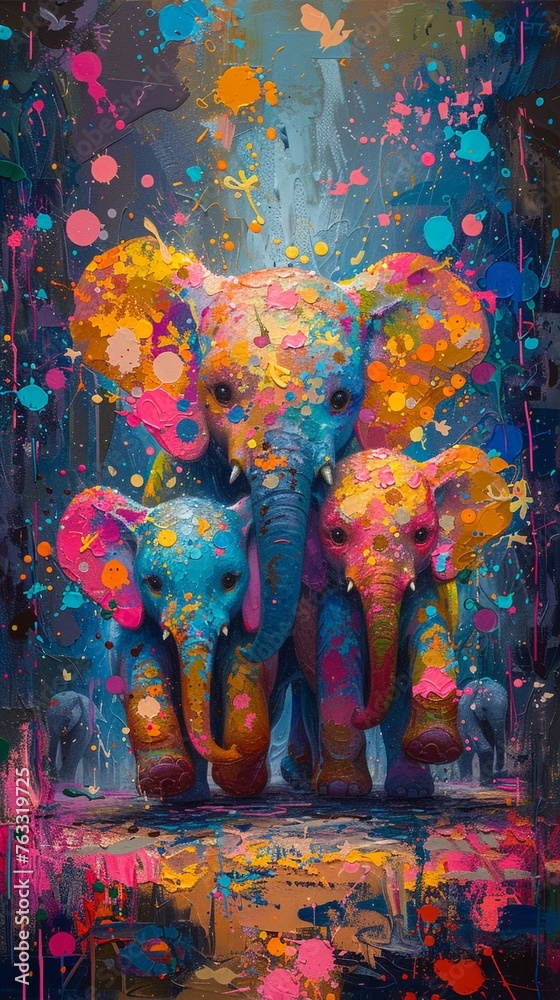 Fototapeta premium Cartoon elephants parading, a splash of color and childhood nostalgia