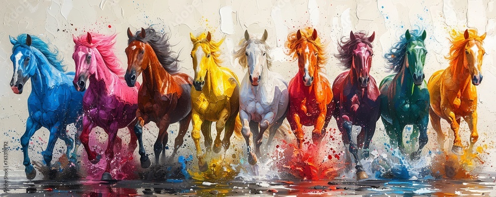 Colorful horses galloping, a splash of paint in motion