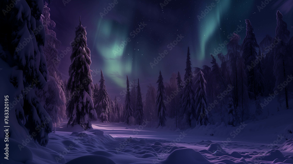The arctic pine forest is full of snow and ice. and the beautiful aurora.