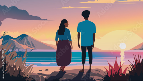 People walking on the beach at sunset
