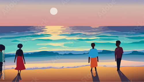 People walking on the beach at sunset