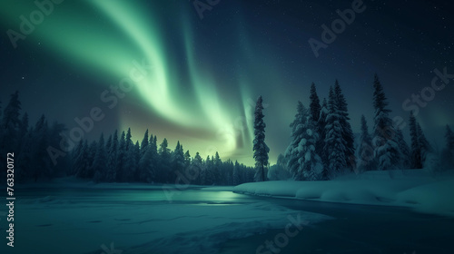 The arctic pine forest is full of snow and ice. and the beautiful aurora.