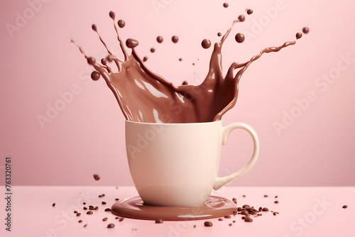 Splash of hot chocolate in a white mug isolated on pastel background