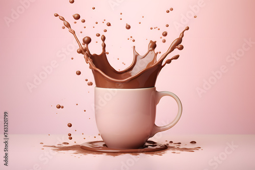 Splash of hot chocolate in a white mug isolated on pastel background